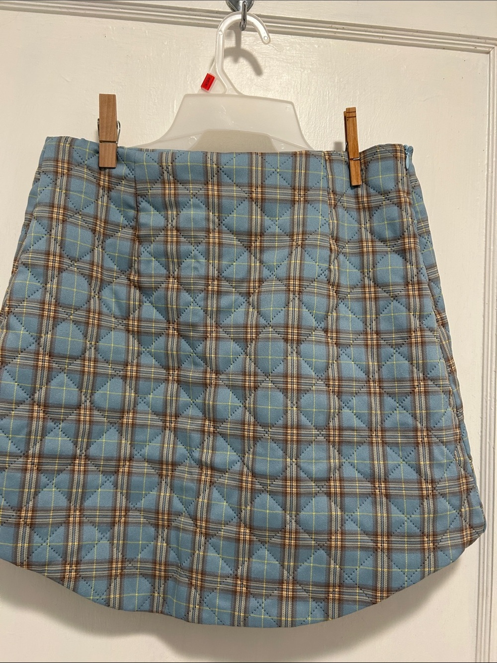 NWT Cider Quilted Plaid Mini Skirt in Light Blue with Tan Size L